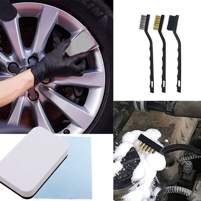 Professional Product Title: ```16-Piece Car Cleaning Tool Kit with Detailing Brushes, Tire Shine, Wax Pad, Dispenser Bottle, Wash Sponge, and Ceramic Nano Coating Cloth```