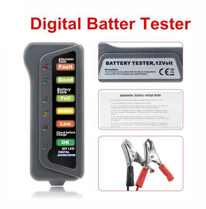 12V Digital Battery Alternator Tester with 6 LED Lights Display Battery Testers with Brake Fluid Tester for Car Motorcycle