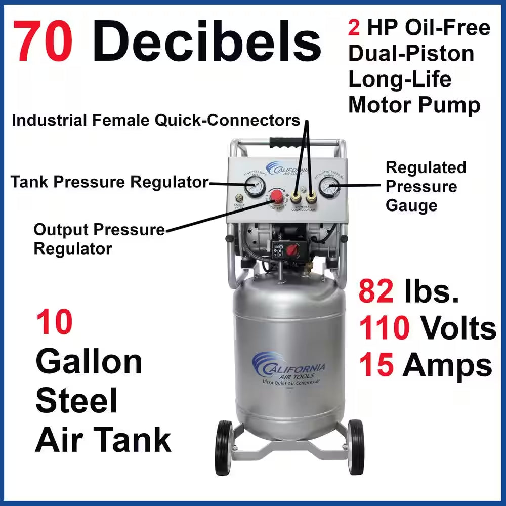 10 Gal. 2.0 HP Ultra Quiet and Oil-Free Electric Air Compressor