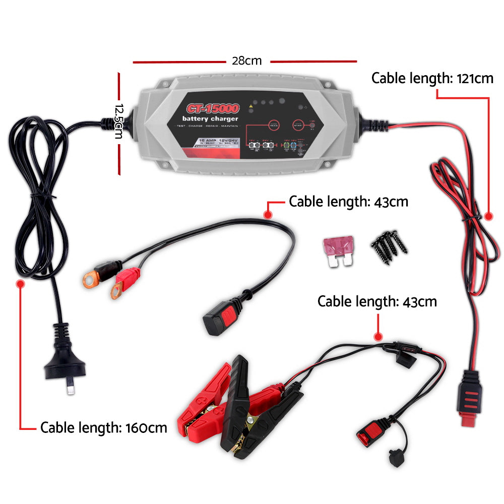 Smart Battery Charger 15A 12V 24V Automatic SLA AGM Car Truck Boat