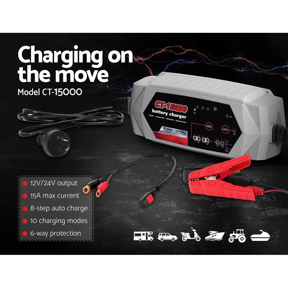 Smart Battery Charger 15A 12V 24V Automatic SLA AGM Car Truck Boat