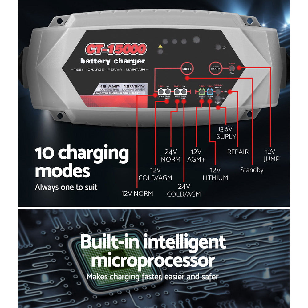 Smart Battery Charger 15A 12V 24V Automatic SLA AGM Car Truck Boat