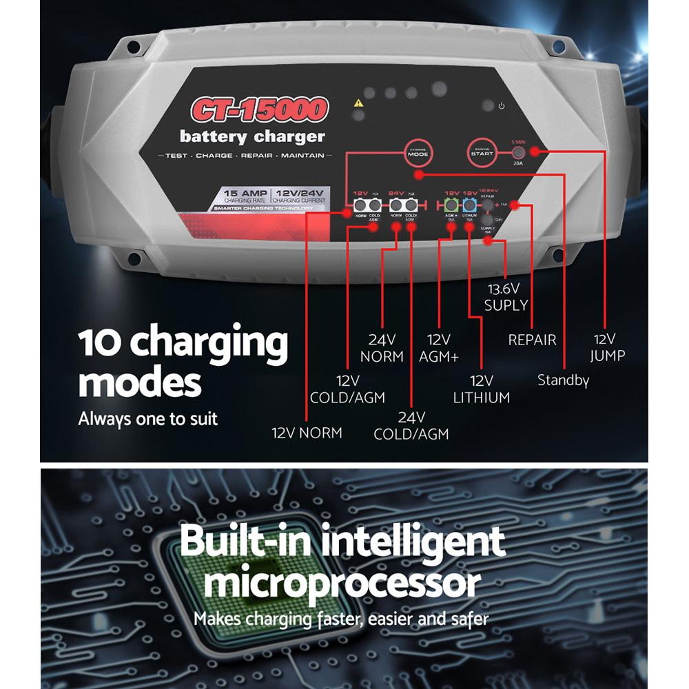 Smart Battery Charger 15A 12V 24V Automatic SLA AGM Car Truck Boat