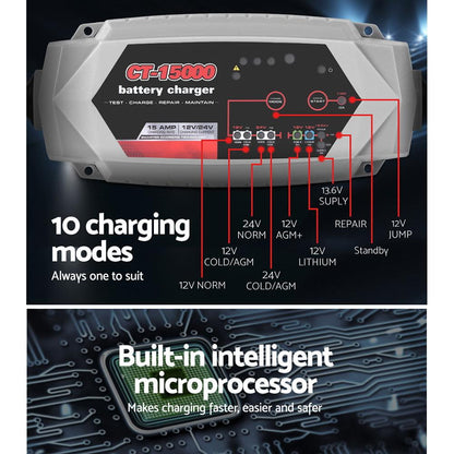 Smart Battery Charger 15A 12V 24V Automatic SLA AGM Car Truck Boat